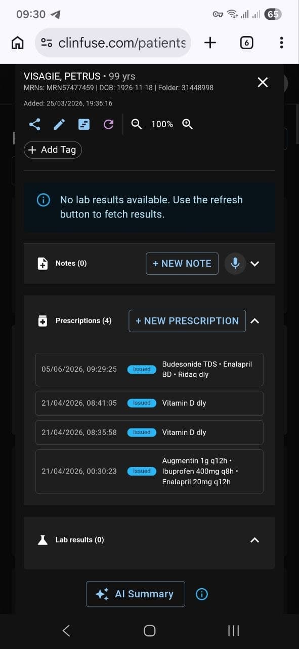 ClinFuse patient view showing AI Summary button on mobile