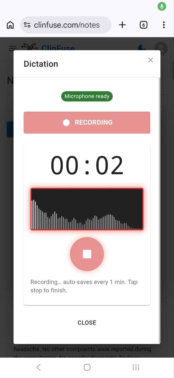 ClinFuse dictation screen on mobile