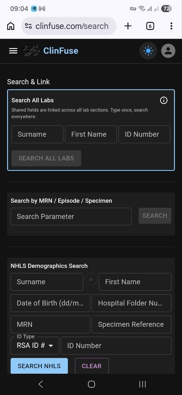 ClinFuse mobile Search and Link screen